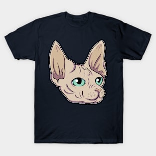 Cool sphynx cat hairless head looking at you with green eyes T-Shirt